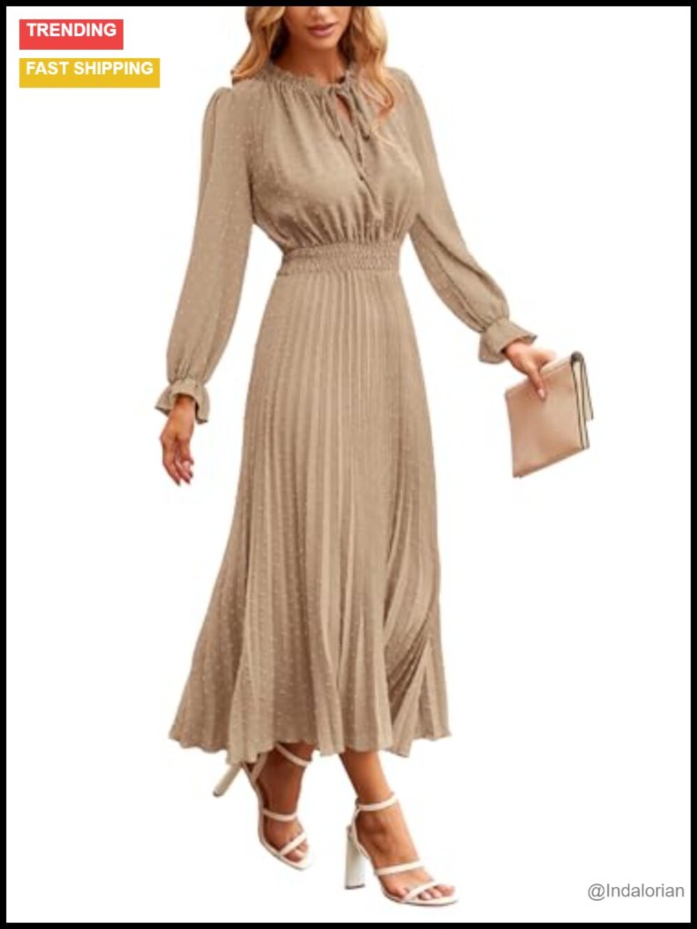 Swiss Dot Midi Dress Tie V Neck Puff Sleeve A-Line Flowy Wedding Guest